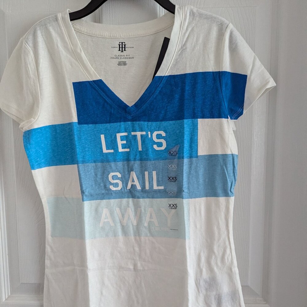 NWT Tommy Hilfiger Blue/White Striped V-Neck Classic Fit T-Shirt Sz XXS